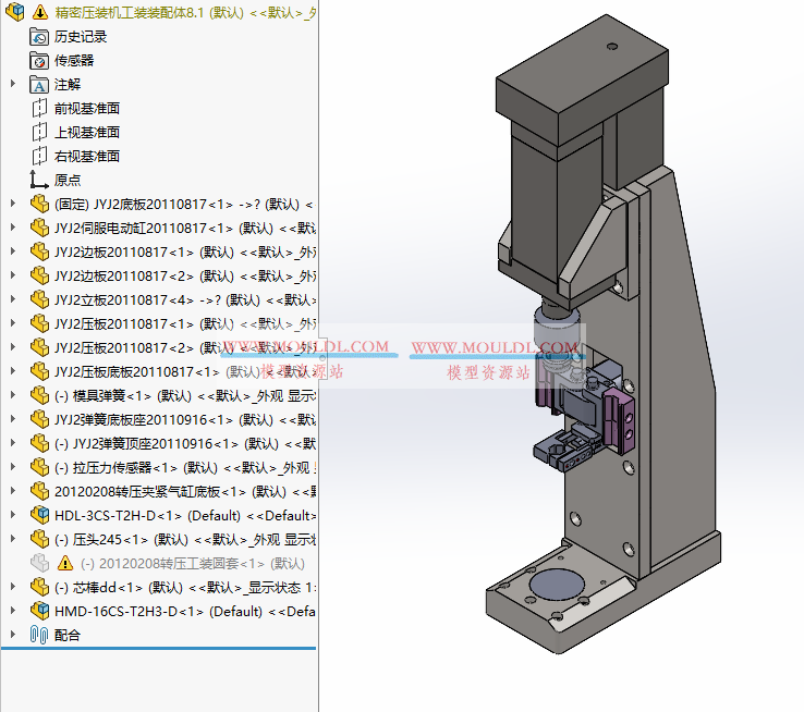 精密压装机3D模型, 伺服高精度压合设备 CAD图纸下载（含P-F曲线监控） 最新3D模型下载_solidworks格式_机械设计图纸